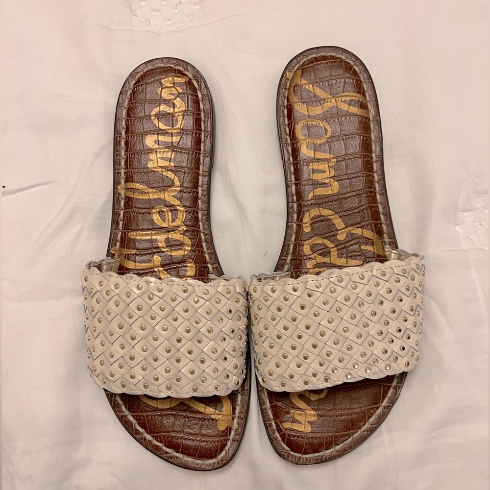 Sam Edelman cream and gold slide sandals, size 8.